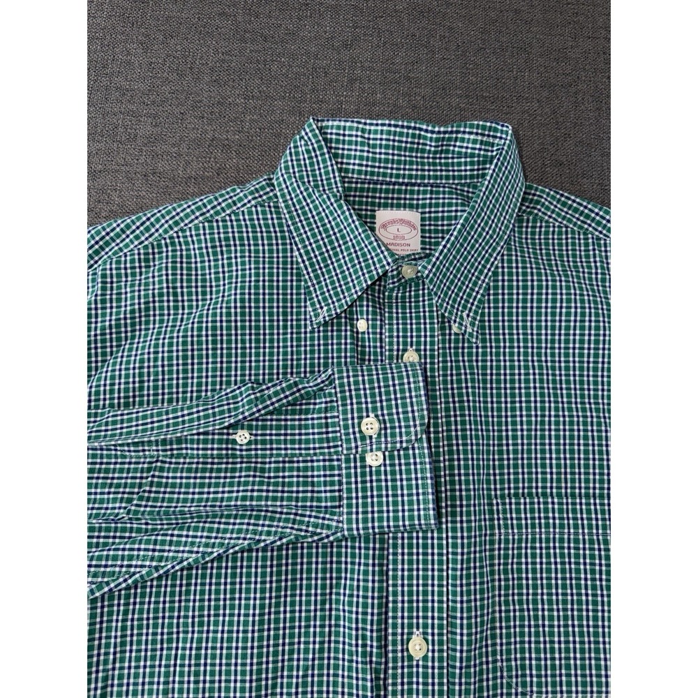 Brooks Brothers 1818 Madison Dress Shirt Men's L Green Blue Check Button‎ Down